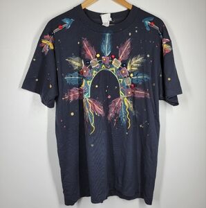 Vintage India Ink Hand Painted Black T-Shirt Large Headdress Feathers Beads